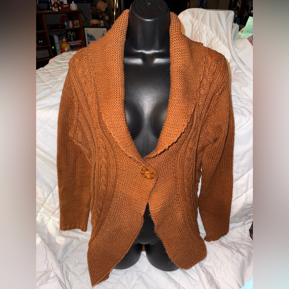 Valerie Bertinelli Cable Knit Wool Blend One Button Long Cardigan